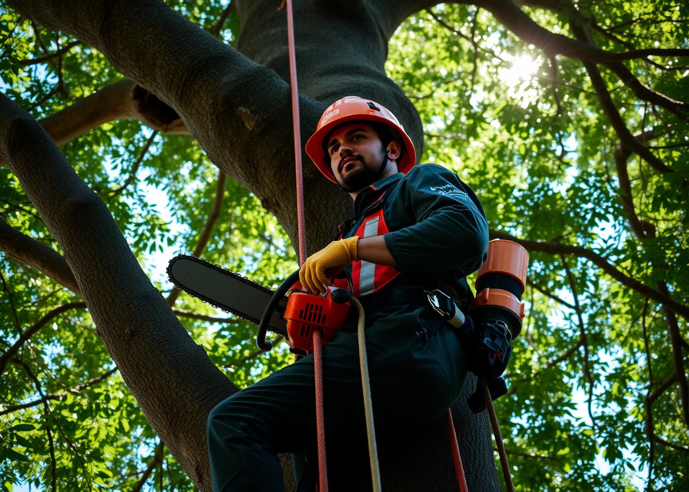 Certified arborist rigging a section of large tree